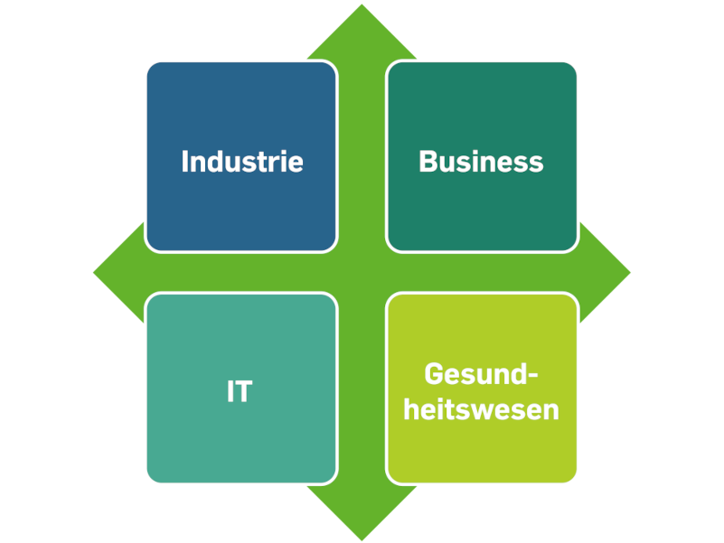 Infografik zu unseren Branchenangeboten aus Industrie, Business, IT und Gesundheitswesen